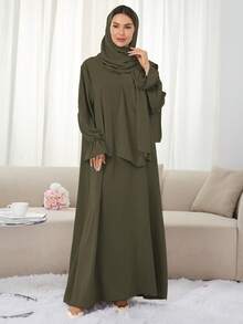 1pc Soft Dress With Attached Hijab, Floral Sleeve Design, Classic Versatile Abaya Spring - Multicolor - View 26