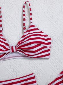 3pcs/Set Striped Cute Backless Tie-Front V-Neck Beach Shorts Vacation - Red - View 6