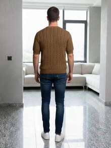 Men's Short-Sleeve Knit Sweater - Elegant Casual Slim Fit Style - Camel - View 3