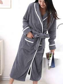 1pc Long Soft Comfortable Purple Bathrobe With Trim, Suitable For Home, Hotel, Spa, Pool, Personal Use Or Gift - Purple - View 8