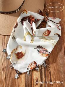 1件装女士时尚牛仔印花西部牛仔风格马头牛头印花围巾，配有牛仔靴、仙人掌、马蹄铁、五角星吊坠装饰，百搭日常佩戴 - 彩色 - 查看 4