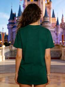 Disney Authorized Women's Casual Short Sleeve T-Shirt, Lilo & Stitch "Just One More Cup Of Coffee" Print, Cozy Casual Style, Breathable Comfortable Fabric, Machine Washable, All-Match For Daily Wear - màu xanh lá - Xem 2
