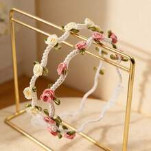 1pc Princess Flower Crown Headband, Girls Fairy Pearl Rose Flower Headwrap With Chiffon Scarf Ribbon, Flower Girl Hair Accessory - Pink - View 2