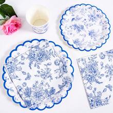 蓝白瓷花瓣形一次性餐盘、餐巾纸、杯子套装 - 一次性派对用品套装，适合10位客人，一次性纸盘，派对餐具，适用于生日、婚礼、野餐等场合 - 款式1 - 查看 4