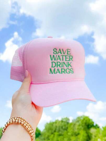 1 pieza Gorra de béisbol de malla ajustable con bordado exterior "SAVE WATER DRINK MARGS", adecuada para primavera/otoño, versátil sombrero protector solar, estilo Y2K