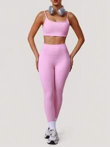 Sodalemon Women Fitness 2 PCS Sets Solid Color Padded Sport Bra No Front Seam Simple Design Yoga Leggings Training Sport Set - 粉色 - 查看 7