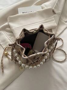 迷你水桶包、格子珍珠手提包、单肩斜挎包、多功能链条包 - 卡其色 - 查看 9