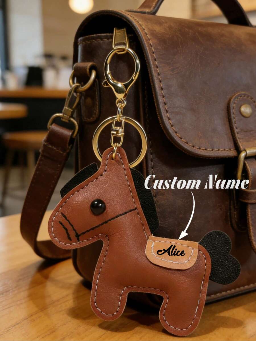 1 pieza Llavero de cuero de caballo en miniatura personalizado, dije para bolso, regalo del Día de la Madre, regalo para ella, regalos para novio, llavero de coche, llavero de caballo de cuero, llavero colgante de caballo de la suerte, adecuado para parejas, novio y novia, regalo personalizado de equitación - Multicolor - Ver 1