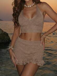 Women's Summer Boho Music Festival Knit Set, Fitted Hollow-Out Sexy Halter Top And Ruffled Hem Short Skirt Cover-Up Two Pieces Set, Khaki Vacation - Khaki - View 3