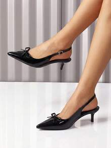 Women's Slingback Kitten Heels Pumps Pointed Toe Bow Dress Shoes For Party Wedding - 黑色 - 查看 2