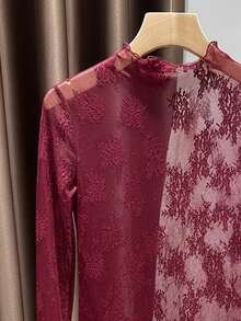 Camiseta interior de cuello alto de encaje para mujer, elegante blusa de manga larga de malla casual para primavera - Burdeos - Ver 5