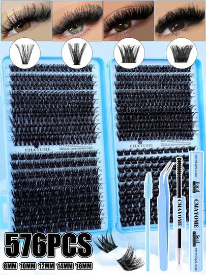 Conjunto de 4 en 1 de racimos de pestañas postizas (612/576/522 piezas), pestañas postizas individuales en forma de D curvadas, de 8-16 mm de largo, con punta puntiaguda, pestañas postizas individuales gruesas, pestañas postizas puntiagudas DIY, racimos de pestañas con estilo de cómic