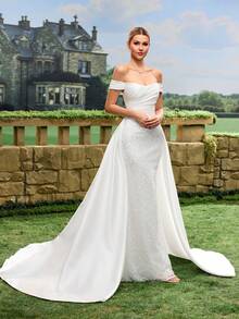Women's Off-Shoulder Elegant Romantic Floor-Length Wedding Dress - White - View 6