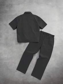Men's New Zip-Up Short Sleeve & Long Pants 2-Piece Set, Casual Street Style Outfit For Spring/Summer, Outdoor & Daily Wear - Black - View 4