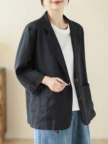 Women's Tailored Jacket, 3/4 Sleeve, Linen Blend, Lightweight, Spring And Summer Outerwear, Casual Jacket, 3/4 Sleeve Outerwear, Perfect For Work Or Casual Wear - đen - Xem 2