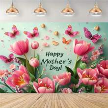1 Mother's Day Flower Butterfly Background Cloth Dynamic Tulip And Heart-Shaped Design, Multi-Functional Party Banner, No Power Supply, Various Sizes And Styles To Choose From. - D - View 4