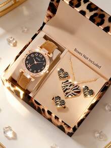SOKI SOKI Women's Watch Set Fashionable Casual Round Case Quartz Watch Paired With Leopard Print Necklace, Earrings, And Ring Jewelry Set Suitable For Everyday Wear Ideal Gift (Gift Box Not Included) - Brown - View 7
