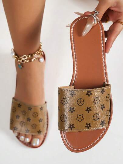 Women's Retro Floral Slip-On Slippers, Fashionable Versatile Flat Sandals For Summer Outdoor Wear, Beach Slippers