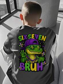 Tween Boys Casual Printed Crew Neck Short Sleeve T-Shirt, Summer Top - Dark Grey - View 1