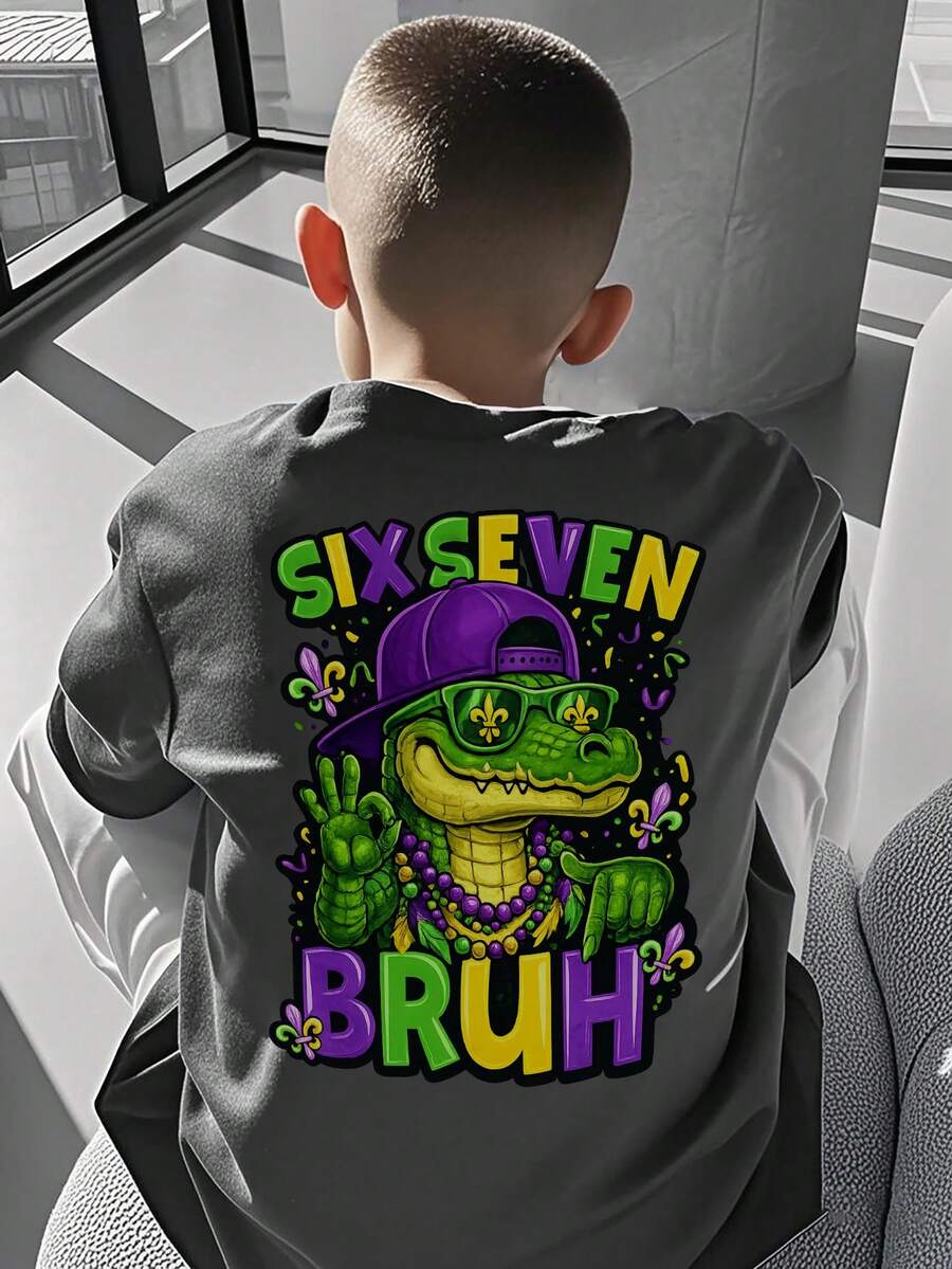 Tween Boys Casual Printed Crew Neck Short Sleeve T-Shirt, Summer Top - Dark Grey - View 1