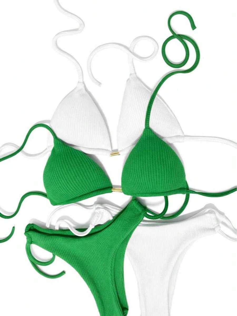 Set Of 2 Triangle Bikini Tops With Padded Cups And Double String Semi-Thong With Knot Detail For Beach And Vacation - 白色和綠色 - 查看 1