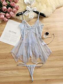2pcs Erotic Lingerie Sexy Hot Mesh See-Through Cute Tulle Nightgown Temptation Suit Ladies - 淺藍色 - 查看 10