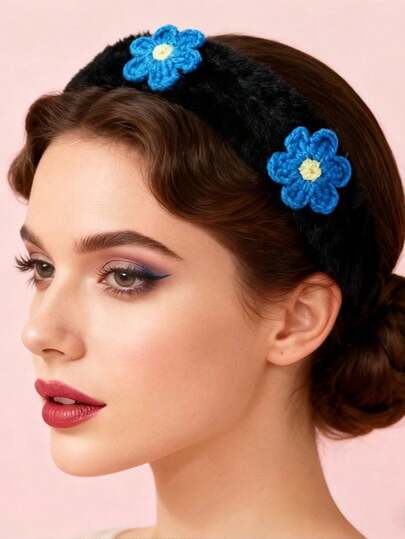 1 New Black Fabric Headband With Blue Flower & Pearl Knot Design, Fashionable & Simple Pink Pearl Headdress, Brown Sweet High-Elastic Autumn/Winter Hair Accessory Suitable For Women, Can Be Used As Hair Band, Hair Hoop, Ponytail Fixer, Hair Tie