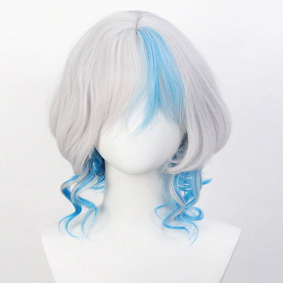 12英寸合成假发帽，白蓝渐变假发套装，角色扮演全头假发，白蓝渐变发色，动漫风格逼真假发 - 淺藍色 - 查看 1