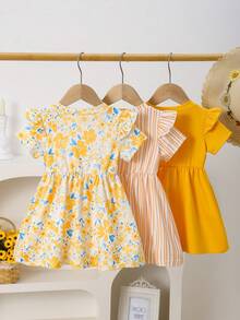 Bộ 3 món cho bé gái mùa hè: Váy cổ tròn tay ngắn kẻ sọc + Váy hoa + Váy xòe eo trơn. - Nhiều màu - Xem 2