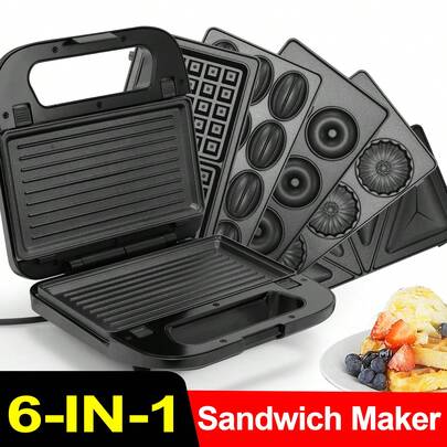 SUPERLEX 6-in-1 Sandwichmaker, 850 W Sandwichtoaster, Waffeleisen, Panini-Presse Grill, Donut-Teller, Nuss-Teller, Kuchenteller, Abnehmbare Tiefe Füllplatten, Antihaftbeschichtung, Automatische Temperaturregelung