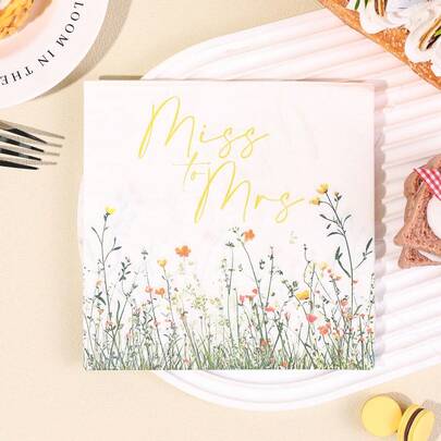 20张/40张/60张双层花卉新娘送礼会餐巾纸 - “Miss To Mrs”野花一次性餐巾纸 - 水彩花卉纸巾，适用于新娘送礼会、单身派对和乡村婚礼早午餐，金色野花一次性新娘送礼会鸡尾酒餐巾纸