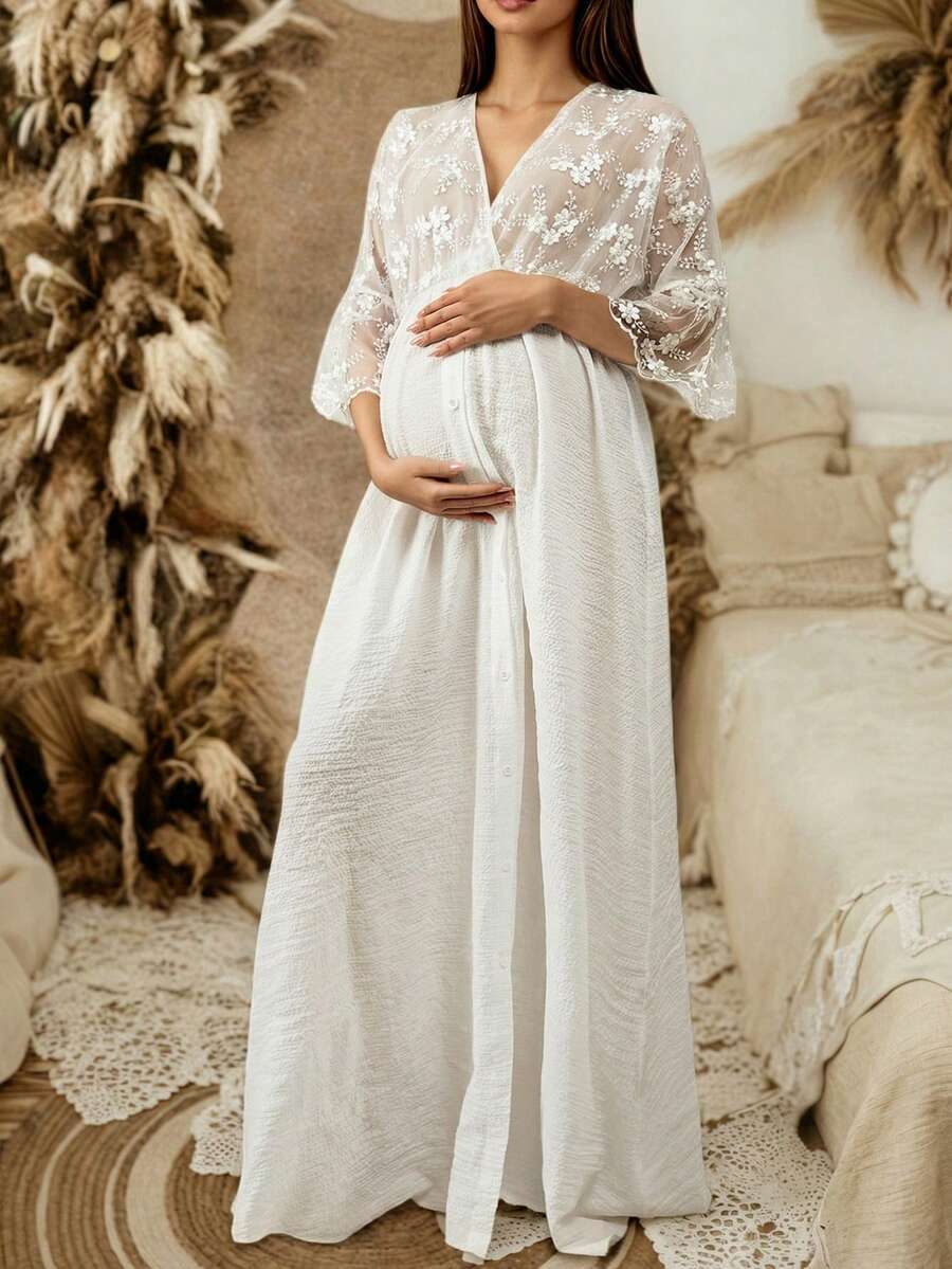 Maternity V-Neck 3/4 Sleeve Semi-Sheer Knit Dress, Home And Formal Occasions White - White - View 1