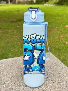 1pc 67 Lightning Graphic Plastic Water Bottle, Cute Print Design, 800ml/27oz Cartoon Solid Color Sports Water Bottle With Straw, Portable Handle, Durable Material, Perfect Birthday Or Valentine's Day Gift - Multicolor - View 2