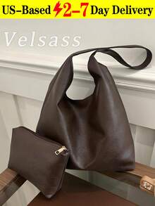 2pcs Women's Solid Color Embroidered Thread Fashion Large Capacity Shoulder Tote Bag With Snap Closure - 棕色 - 查看 1