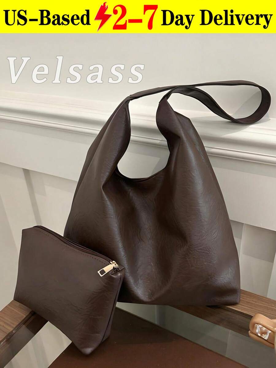 2pcs Women's Solid Color Embroidered Thread Fashion Large Capacity Shoulder Tote Bag With Snap Closure - 棕色 - 查看 1