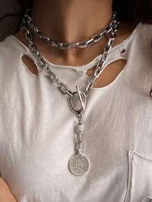 1件装时尚朋克风圆形几何OT链项链，不锈钢银色吊坠项链，男女皆宜，适合日常、派对、音乐节佩戴 - 銀色 - 查看 4