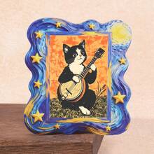 Ímã de geladeira com moldura de madeira para foto - Gato preto e branco tocando violão, decoração para casa! - Tamanho Único - Ver 2