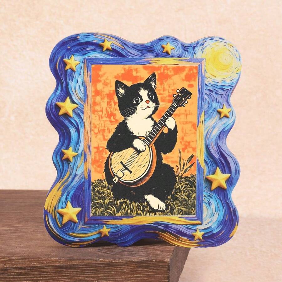 Ímã de geladeira com moldura de madeira para foto - Gato preto e branco tocando violão, decoração para casa!