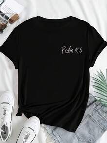 Women'S Christian Bible Verse T-Shirt  God Is In Her Heart, She Will Not Fall  - Psalm 46 5   Casual Short Sleeve Round Neck Top, Suitable For Church - 黑色 - 查看 2