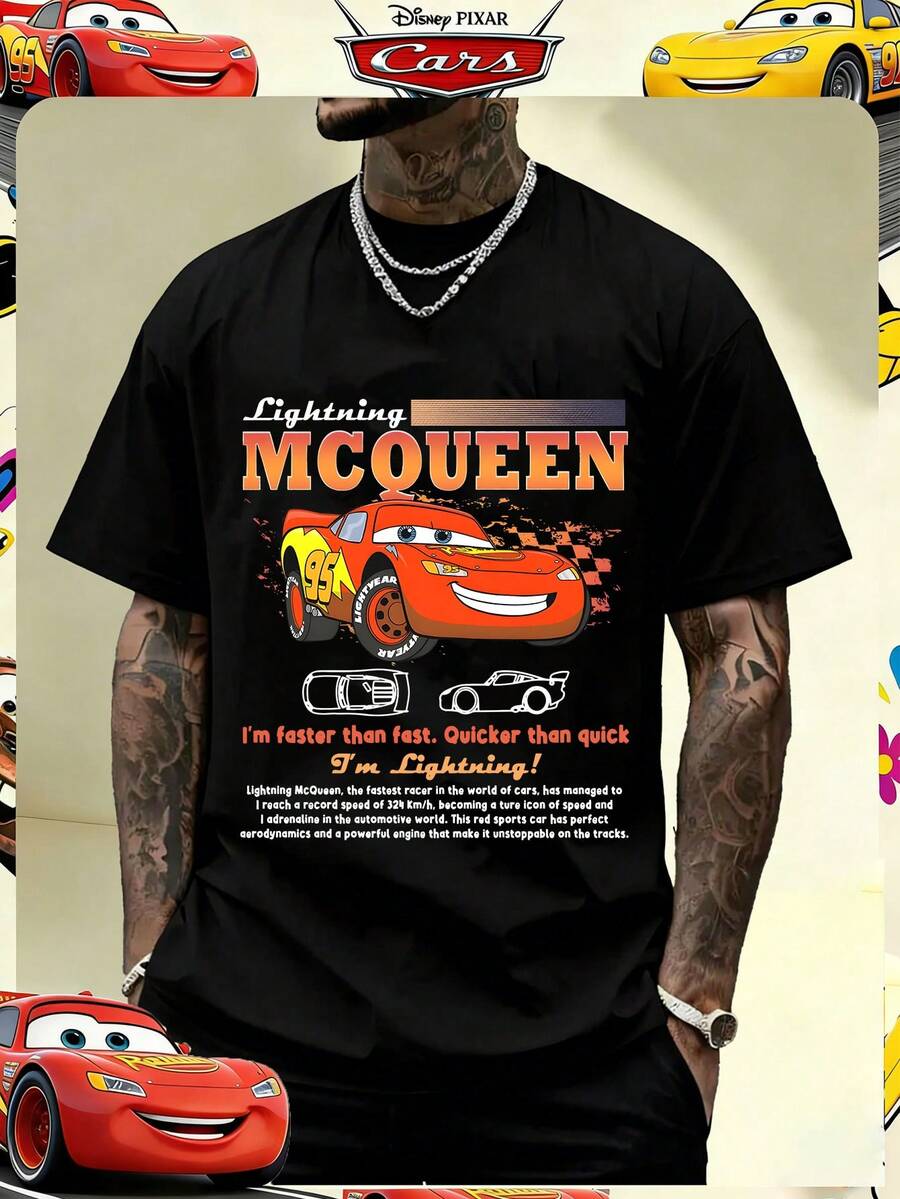 Disney Official Licensed Cars Lightning McQueen I'm Faster Than Fast Retro Poster Print 220g Cotton Crew Neck Unisex Tee - 黑色 - 查看 1