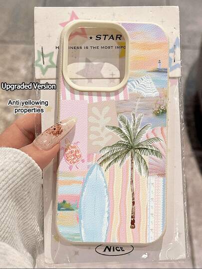 Carcasă de telefon în stil resort, cu model minimalist de vară, cu placă de surf și palmier, texturată, moale, impermeabilă, rezistentă la șocuri, antiderapantă, de înaltă calitate, potrivită ca și cadou de ziua de naștere/sărbători pentru prieteni, familie, cupluri, compatibilă cu telefoanele Apple/17/17PRO/17PROMAX/17Air