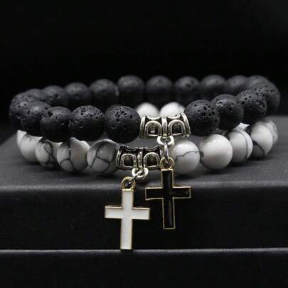8毫米天然石珠弹力手链，十字架情侣手链套装，情人节饰品