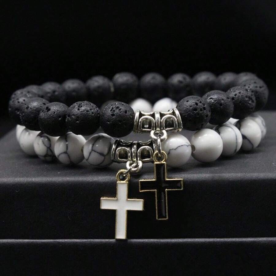 8mm Natural Stone Beaded Elastic Bracelet, Cross Couple Bracelet Set, Valentine's Day Jewelry - Cross - View 1