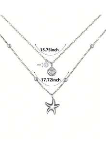 2件套女士贝壳项链，14K镀金可调节多层海星贝壳仿珍珠吊坠项链，适合夏季海滩、日常佩戴、生日礼物、友谊礼物 - 金色 - 查看 7