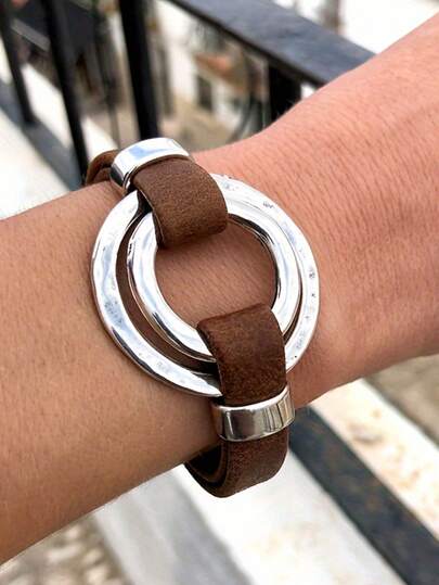 1pc Fashiona Simple Leather Men's Retro Geometric Circular Decorative Bracelet, Suitable For Men's Daily Wear As A Valentine's Day Birthday Gift