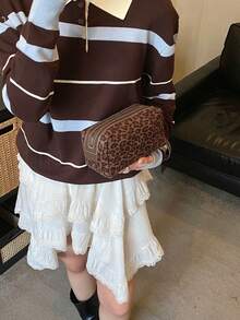 1pc Women's Leopard Print Cosmetic Bag, Minimalist Casual Lightweight Handbag Suitable For Travel, Commute, Daily Use - Coffee - View 3