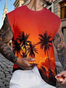 Men's Ombre Sunset Palm Tree Print Sleeveless Tank Top, Suitable For Casual Holiday Wear - Multicolor - View 6