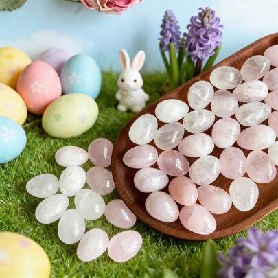 10pcs Natural Crystal Egg Decor Set, White Quartz & Rose Quartz Egg-Shaped Crystal Set, White & Pink Handcrafted Crystal Stones, Chakra Balancing Healing Crystal Figurines, Perfect For Easter Decoration, Birthday Gift, Valentine's Day Gift, Home Decor, Treasure Hunt, Rabbit Easter Exclusive