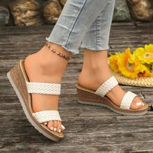 Sandal đế xuồng dệt trang trí màu be dành cho nữ năm 2026, kiểu dáng nghỉ mát mùa hè, quai ngang, hở mũi, đế dày, thích hợp cho hẹn hò, mua sắm, đi làm, đi biển. - Màu be - Xem 10