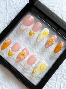 10片手工杏仁形美甲贴纸，白色法式尖头，橙色渐变，3D水滴设计，浮雕花卉雕刻亚克力假指甲，适合春夏女孩和女士日常、度假和校园美甲装饰，包含甲油胶和指甲锉。 - 彩色 - 查看 4